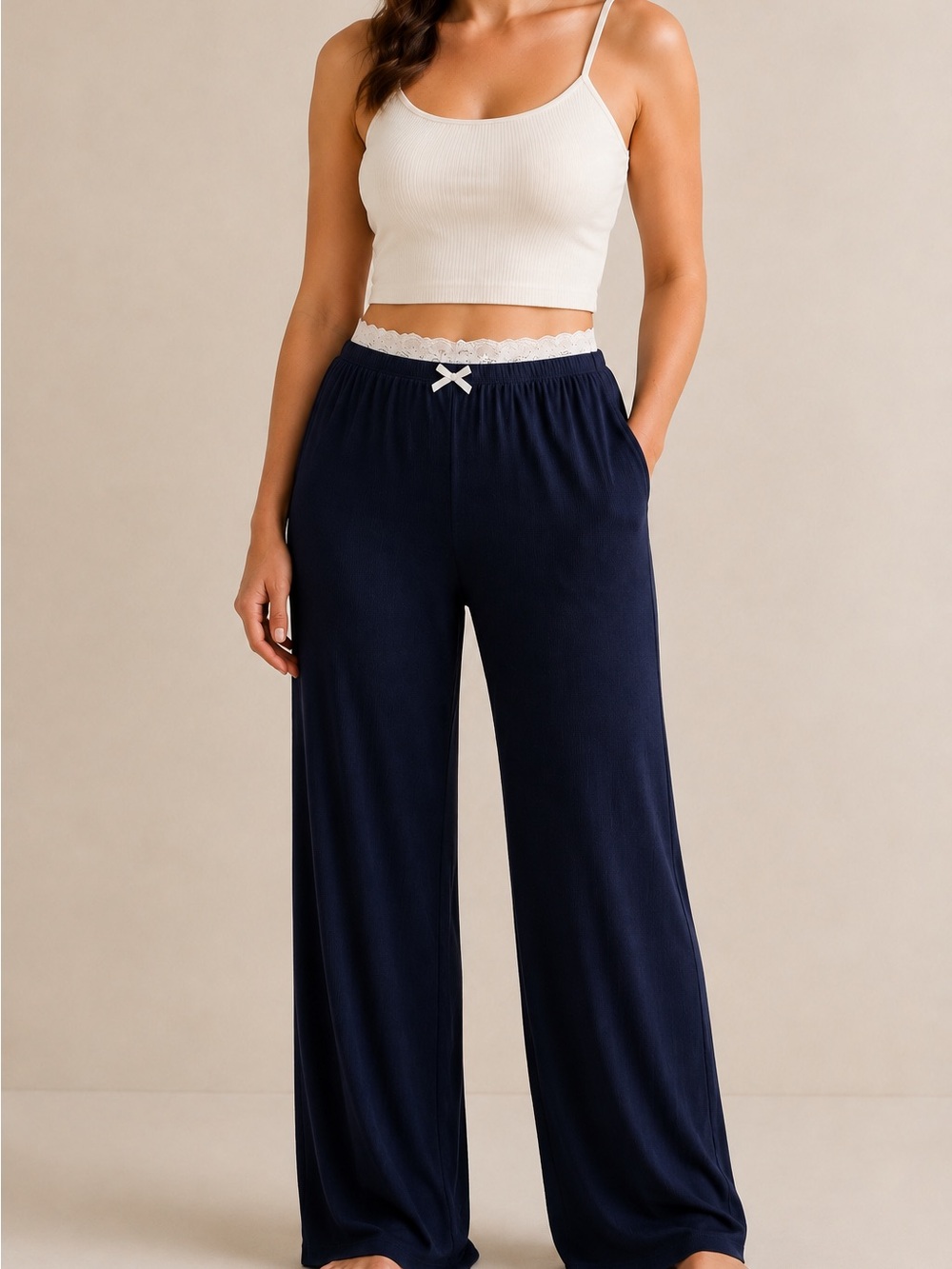 Blink Lounge XL Navy Ribbed Wide Leg Pajama Pants Lace Trim NWT